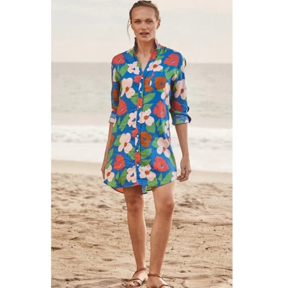 Frank & Eileen Mary Classic Linen Shirtdress in Bright Blue Floral S